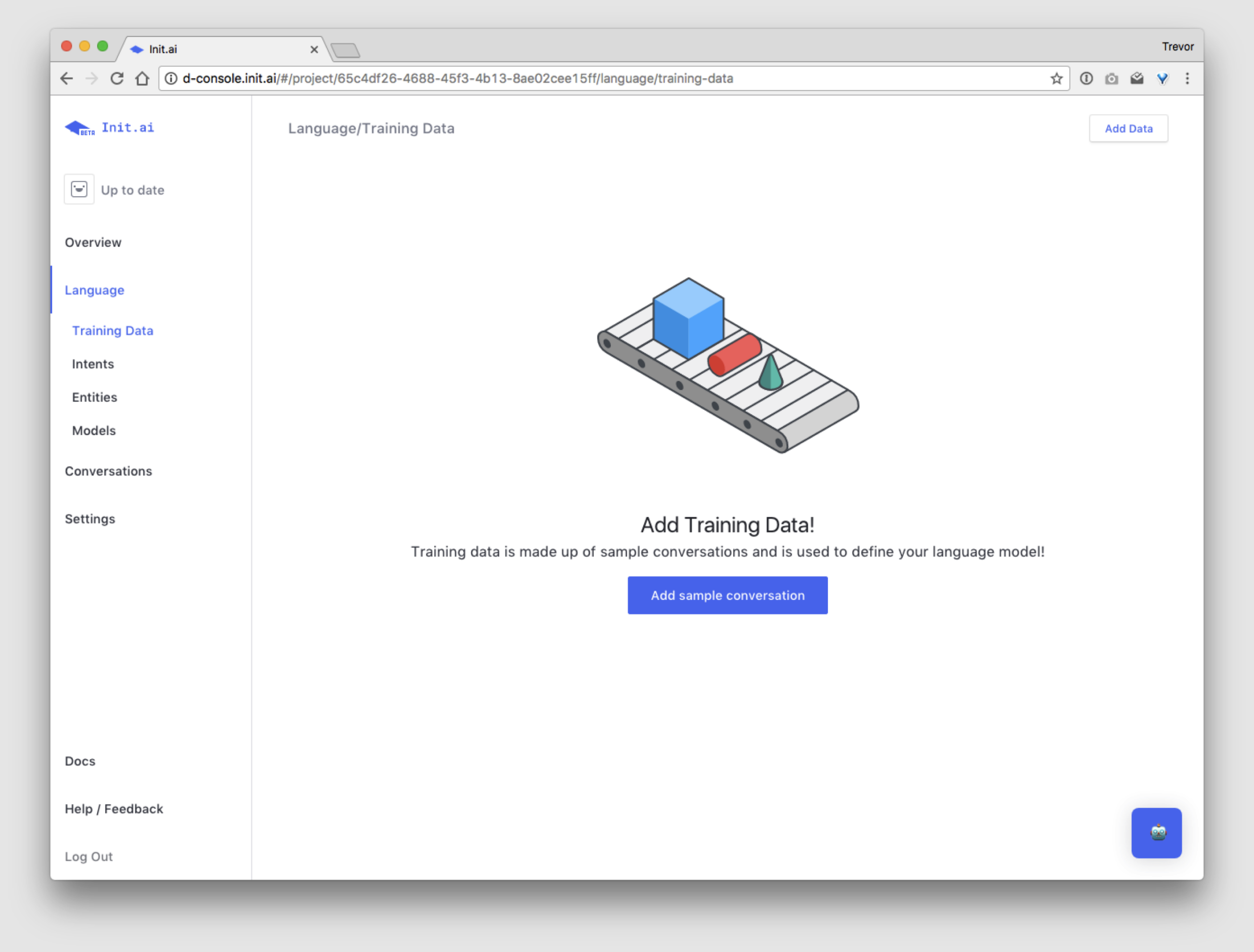 The init.ai console - training data view