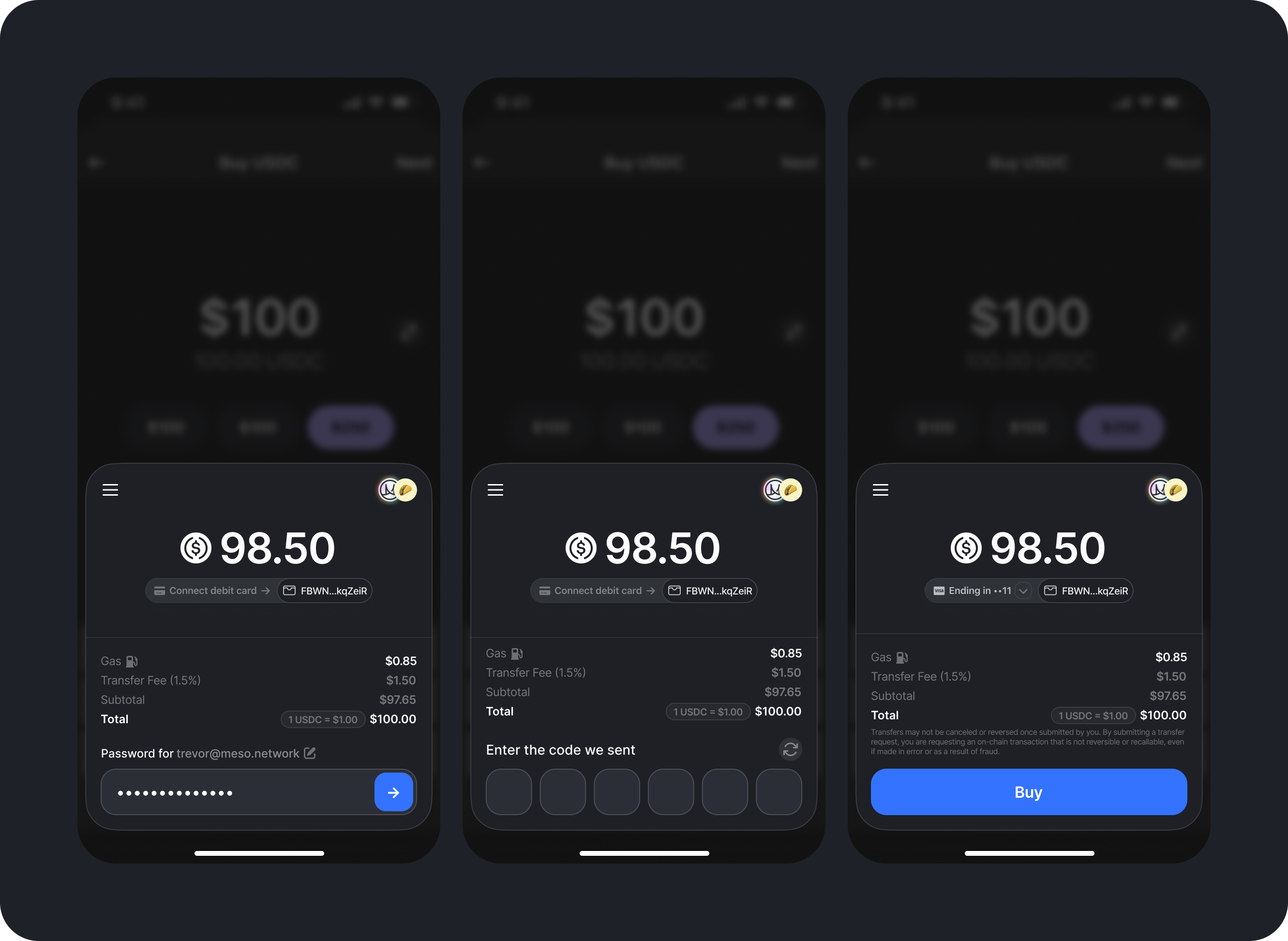 The Meso transfer sheet inside a partner's app — password, code, buy